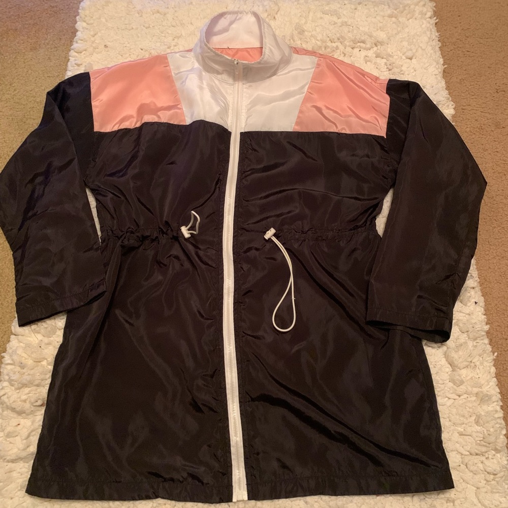 Women’s Black white pink zip up wind breaker jacket cinched waist L